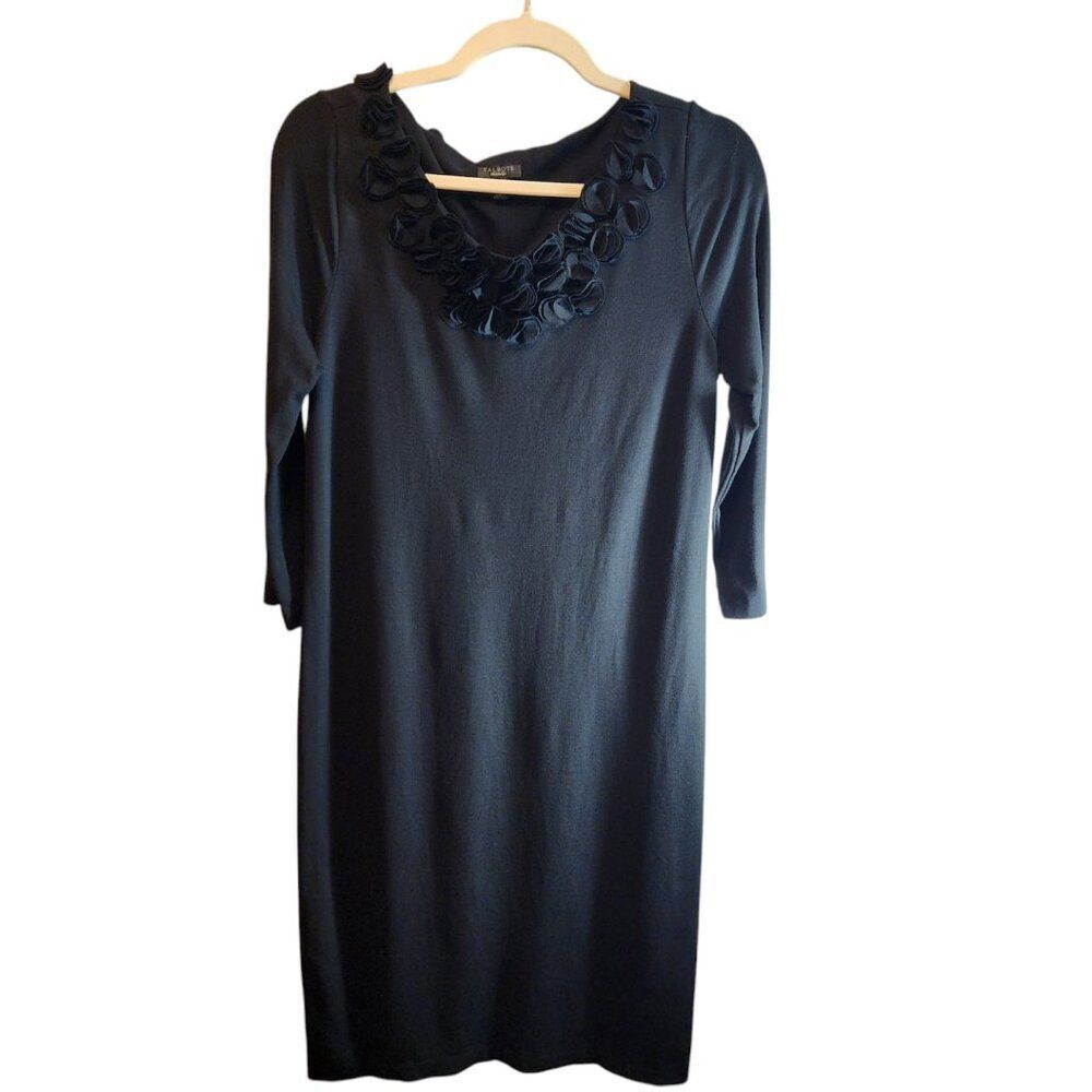 TALBOTS BLACK SHEATH DRESS SIZE 10 TRUE TO SIZE KNEE LENGTH 3/4 SLEEVES ROSETTES